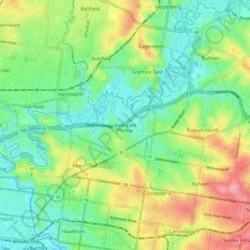 Mappa topografica Kew East, altitudine, rilievo