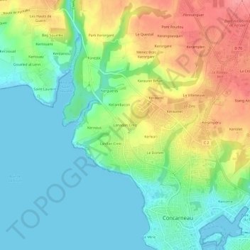 Mappa topografica Lanadan Creiz, altitudine, rilievo