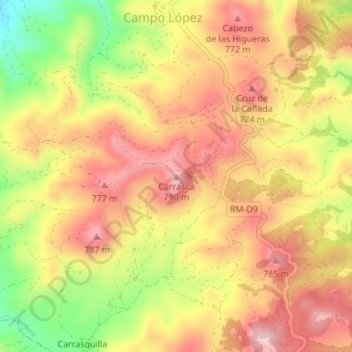 Mappa topografica Carrasca, altitudine, rilievo