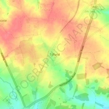 Mappa topografica Tiffield, altitudine, rilievo