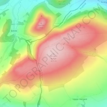 Mappa topografica Hergest Ridge, altitudine, rilievo