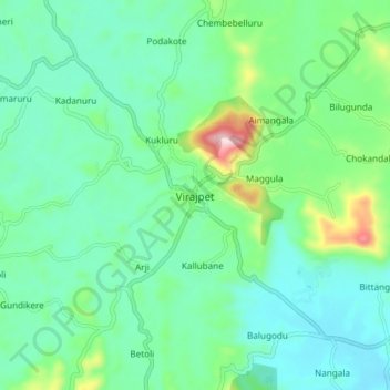 Mappa topografica Virajpet, altitudine, rilievo