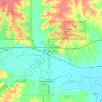 Mappa topografica Strong City, altitudine, rilievo