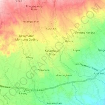 Mappa topografica Kecamatan Sikur, altitudine, rilievo