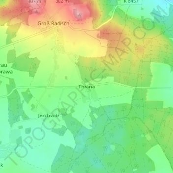 Mappa topografica Thräna, altitudine, rilievo