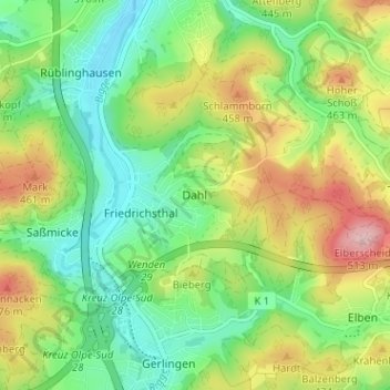 Mappa topografica Dahl, altitudine, rilievo