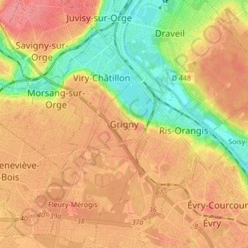Mappa topografica Grigny, altitudine, rilievo