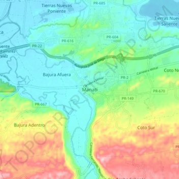 Mappa topografica Manatí, altitudine, rilievo