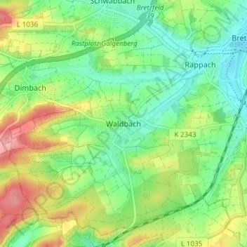 Mappa topografica Waldbach, altitudine, rilievo