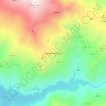 Mappa topografica Kucaka (Gurshqipe), altitudine, rilievo