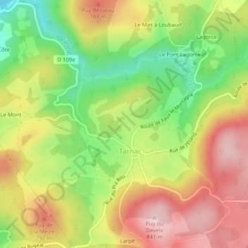 Mappa topografica Château de Tarnac, altitudine, rilievo