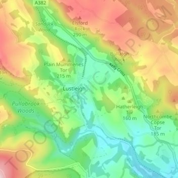Mappa topografica Wreyland, altitudine, rilievo
