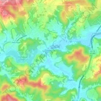 Mappa topografica Glenwood, altitudine, rilievo
