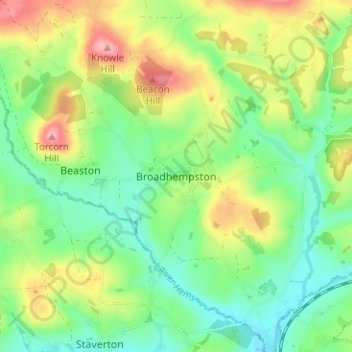 Mappa topografica Broadhempston, altitudine, rilievo