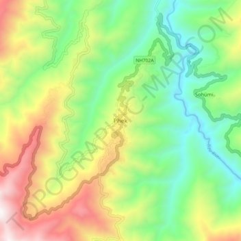 Mappa topografica Phek, altitudine, rilievo