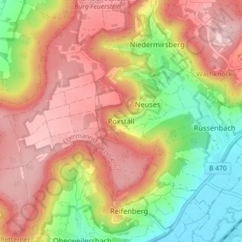 Mappa topografica Poxstall, altitudine, rilievo