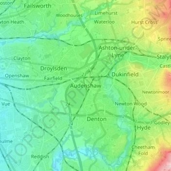 Mappa topografica Audenshaw, altitudine, rilievo