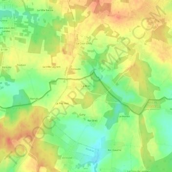 Mappa topografica Le Bran, altitudine, rilievo