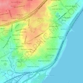 Mappa topografica Bellefonte, altitudine, rilievo