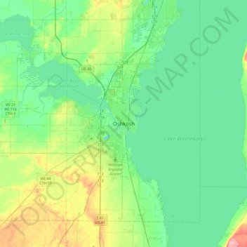 Mappa topografica Oshkosh, altitudine, rilievo