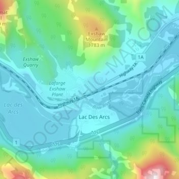 Mappa topografica Exshaw, altitudine, rilievo