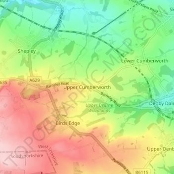 Mappa topografica Upper Cumberworth, altitudine, rilievo