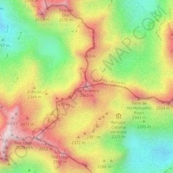 Mappa topografica Pico Tesorero, altitudine, rilievo