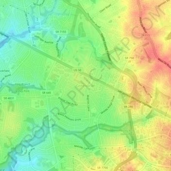 Mappa topografica Greenbriar, altitudine, rilievo