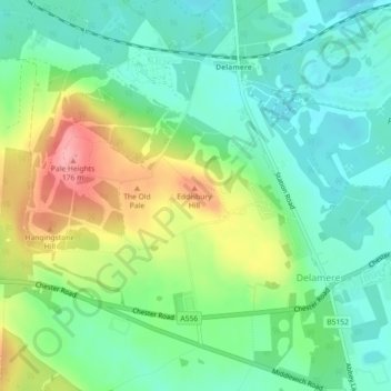 Mappa topografica Eddisbury Hill Fort, altitudine, rilievo