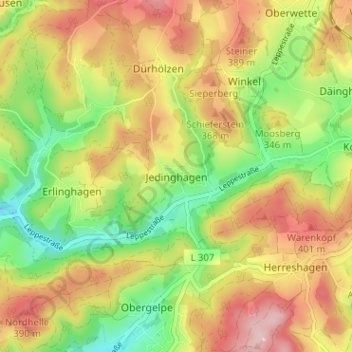 Mappa topografica Jedinghagen, altitudine, rilievo