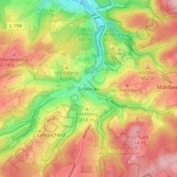 Mappa topografica Schönau, altitudine, rilievo