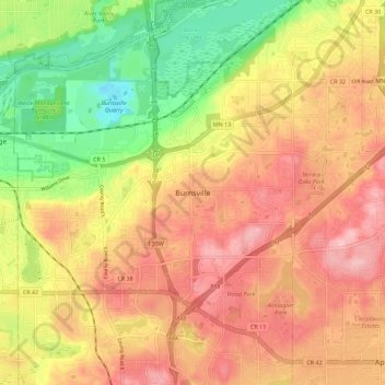 Mappa topografica Burnsville, altitudine, rilievo
