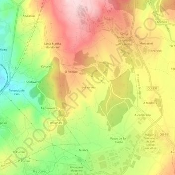 Mappa topografica Belmonte, altitudine, rilievo