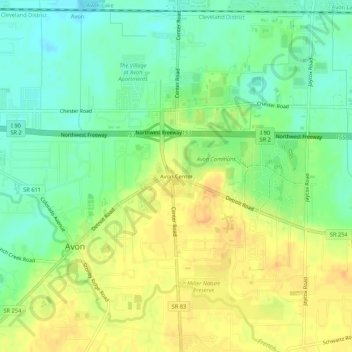Mappa topografica Avon Center, altitudine, rilievo