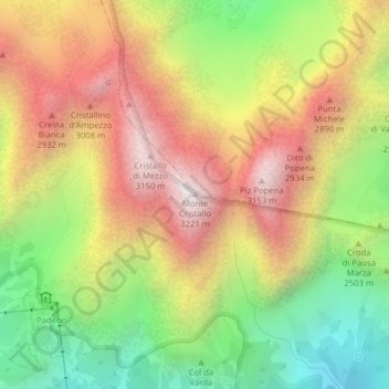 Mappa topografica Monte Cristallo, altitudine, rilievo