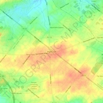 Mappa topografica Maple Glen, altitudine, rilievo