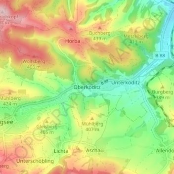 Mappa topografica Oberköditz, altitudine, rilievo
