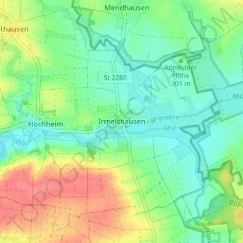 Mappa topografica Irmelshausen, altitudine, rilievo