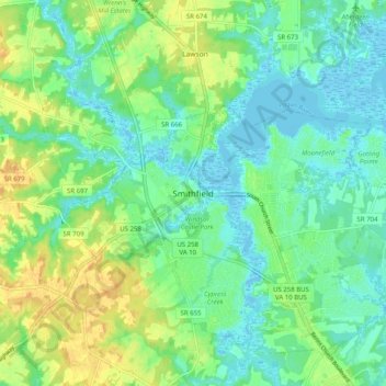 Mappa topografica Smithfield, altitudine, rilievo