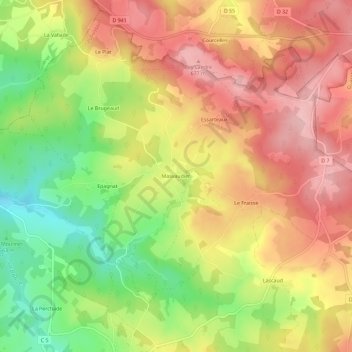 Mappa topografica Masvaudier, altitudine, rilievo
