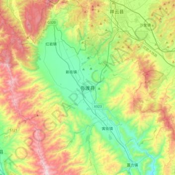 Mappa topografica 弥渡县, altitudine, rilievo