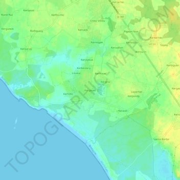 Mappa topografica Kergouët, altitudine, rilievo