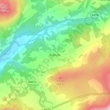 Mappa topografica Brithdir, altitudine, rilievo