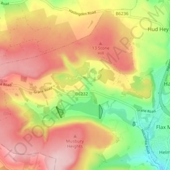 Mappa topografica Haslingden Grane, altitudine, rilievo