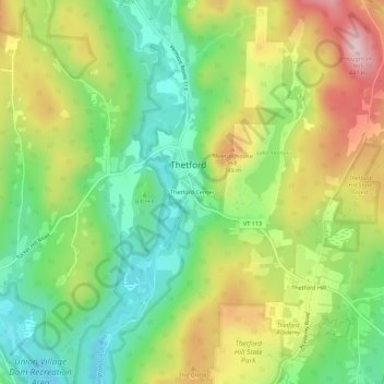 Mappa topografica Thetford Center, altitudine, rilievo