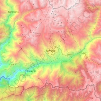 Mappa topografica Tawang, altitudine, rilievo