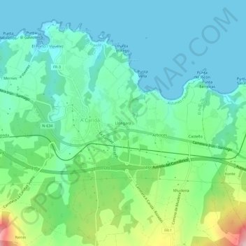 Mappa topografica Llóngara, altitudine, rilievo