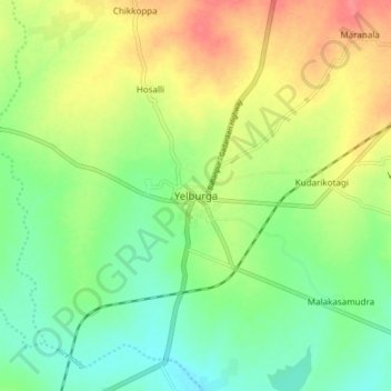 Mappa topografica Yelburga, altitudine, rilievo