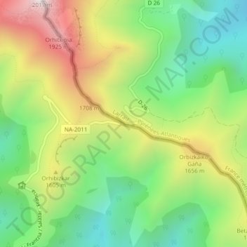 Mappa topografica Larraineko mendatea, altitudine, rilievo