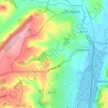 Mappa topografica Holyford, altitudine, rilievo